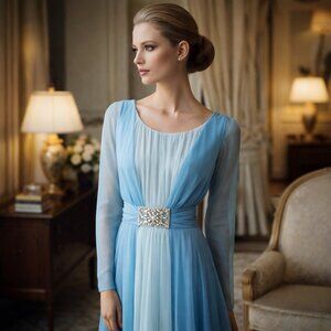 Vintage 70's Grecian Ethereal Chiffon Evening Gown Rhinestone Waist Ice Blue S